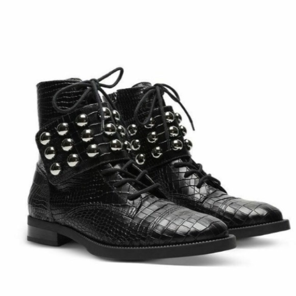 SCHUTZ • Marieta Studded Bootie ankle boot black croc embossed lace up combat - Picture 1 of 16